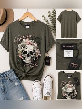 Pink Closet Skull Graphic Tee Floral Goth Boho Olive Green 2X NWT